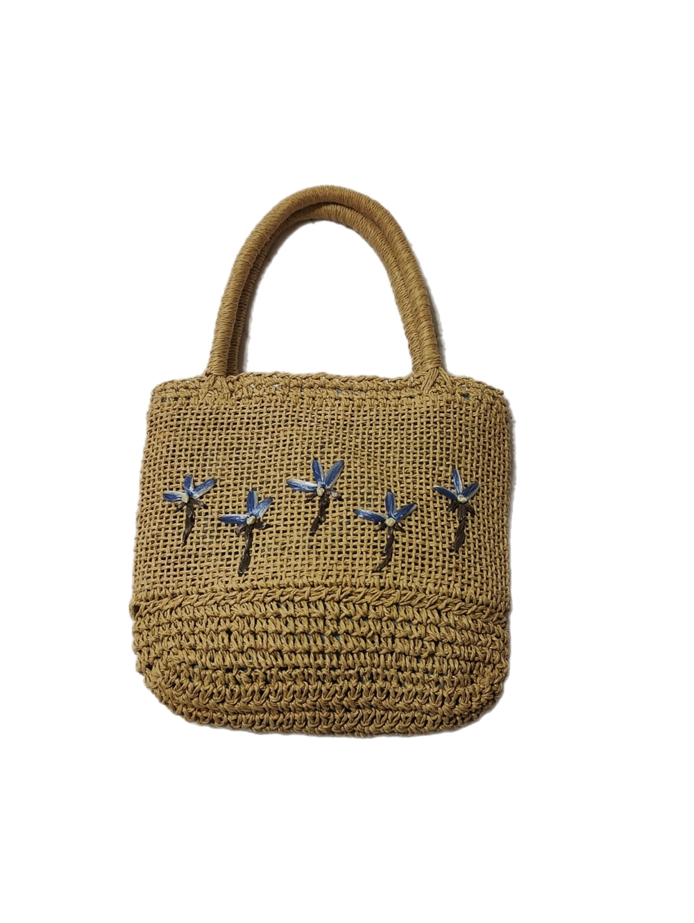 Faded Glory Straw Purse Small Summer Handbag Blue Embroidered Floral